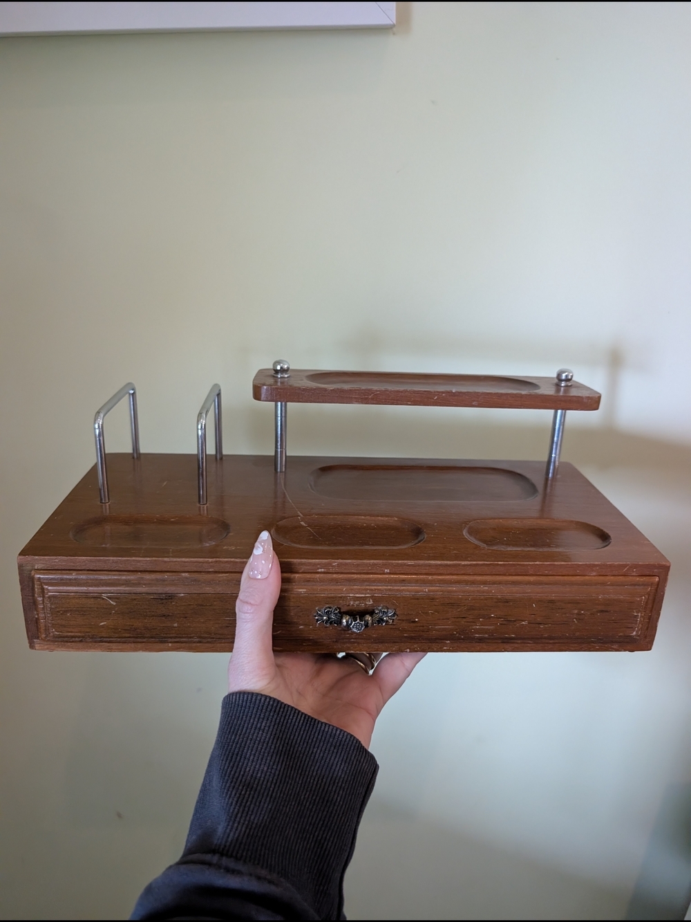 Wooden Desk Organizer with Raised Shelf and Drawer Jewelry Box